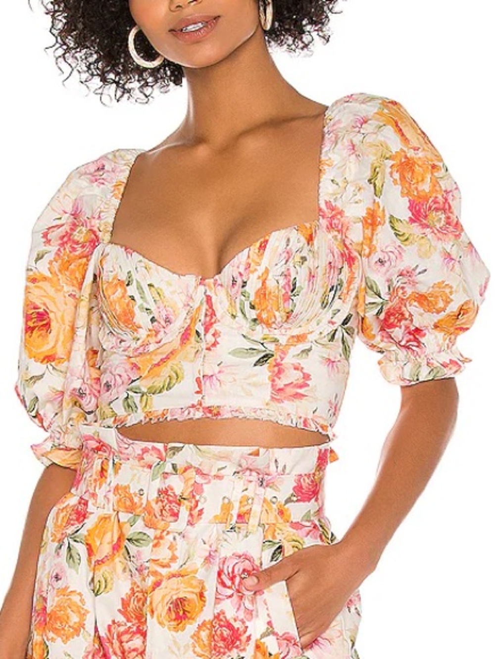 For Love and Lemons Peony Cropped Blouse in Coral Floral Print